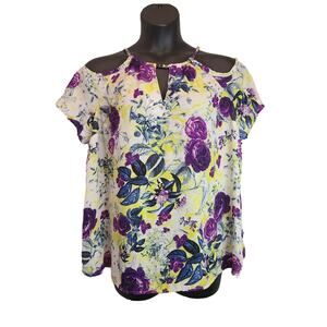 Torrid Georgette Chain-Link Cold-Shoulder Blouse • Floral White • Size 5XL